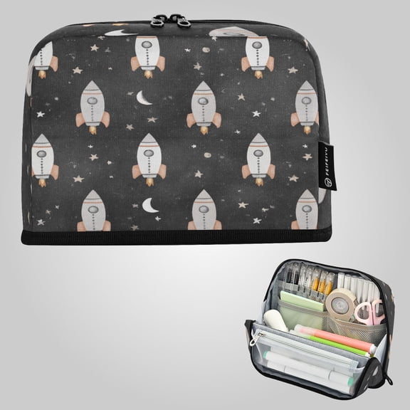 8.3"x5.9" Large-Capacity Multi-Pocket Vertical Pencil Case Black Space Rocket Pattern