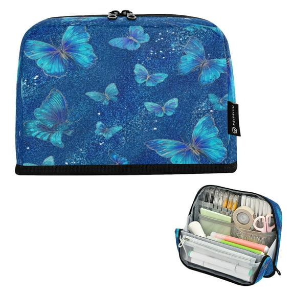 8.3"x5.9" Large-Capacity Multi-Pocket Vertical Pencil Case Blue Glitter Butterfly