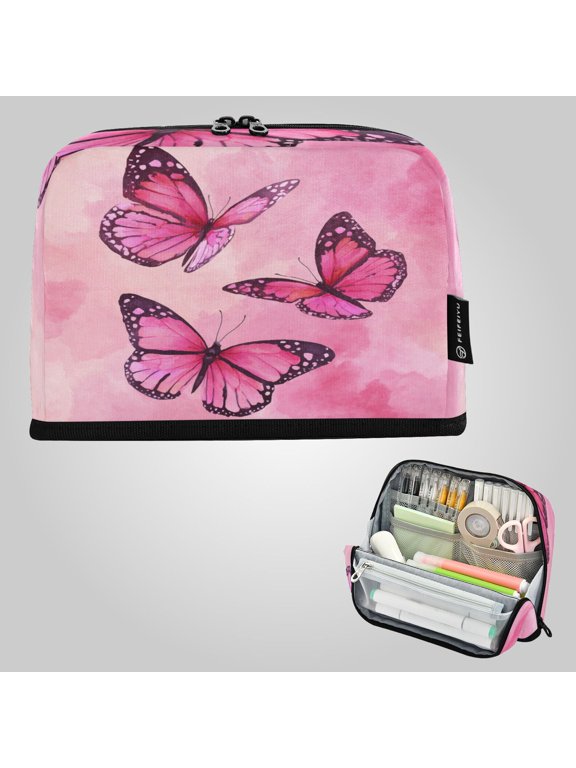 8.3"x5.9" Large-Capacity Multi-Pocket Vertical Pencil Case Blush Monarch Butterflies