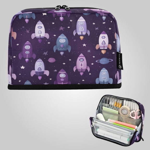 8.3"x5.9" Large-Capacity Multi-Pocket Vertical Pencil Case Cute Space Rocket Pattern