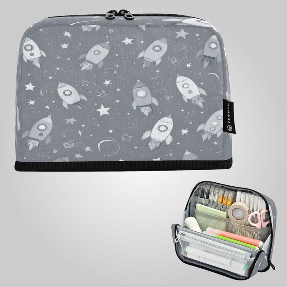 8.3"x5.9" Large-Capacity Multi-Pocket Vertical Pencil Case Grey Space Rocket Print