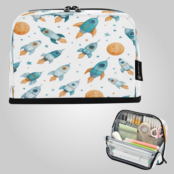8.3"x5.9" Large-Capacity Multi-Pocket Vertical Pencil Case Little Rocket Ships Pattern