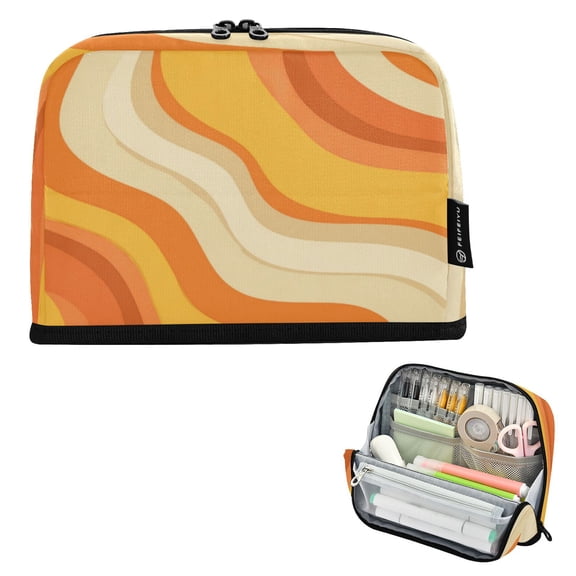 8.3"x5.9" Large-Capacity Multi-Pocket Vertical Pencil Case Orange Color Clash Pattern