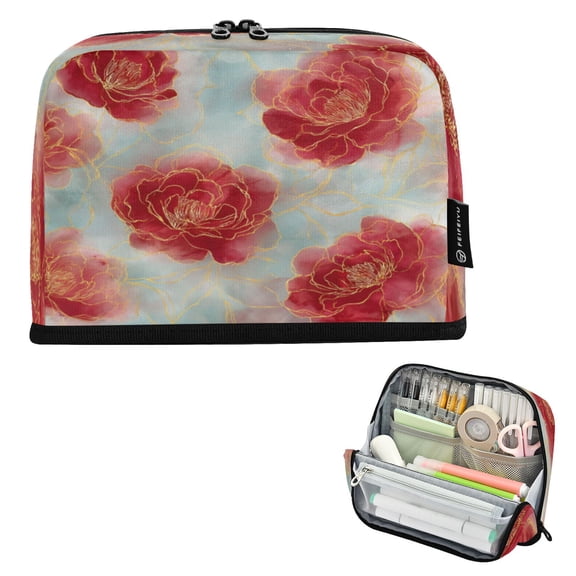 8.3"x5.9" Large-Capacity Multi-Pocket Vertical Pencil Case Rose Petals with Gold Outline
