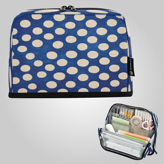 8.3"x5.9" Large-Capacity Multi-Pocket Vertical Pencil Case Royal Blue Cream Polka Dot