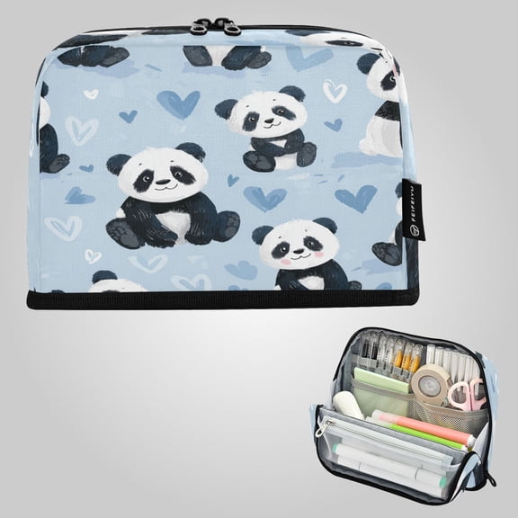 8.3"x5.9" Large-Capacity Multi-Pocket Vertical Pencil Case Soft Blue Panda Print