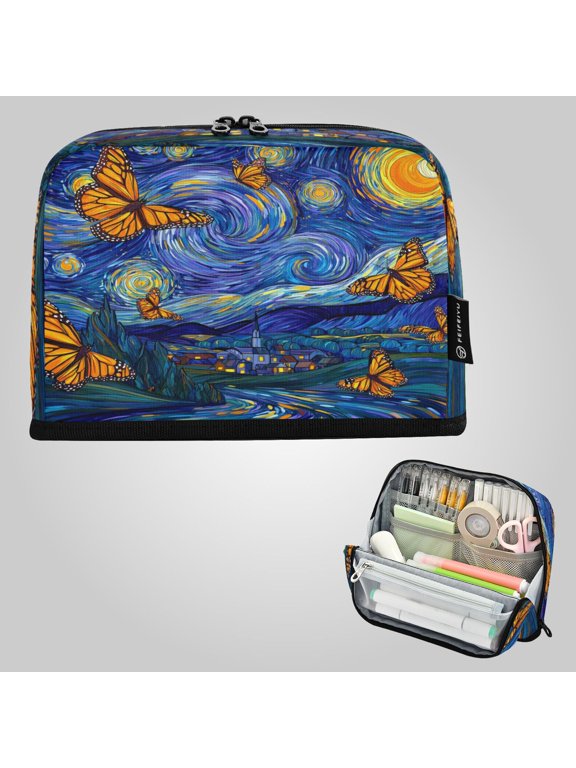 8.3"x5.9" Large-Capacity Multi-Pocket Vertical Pencil Case Starry Monarch Butterflies