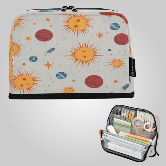 8.3"x5.9" Large-Capacity Multi-Pocket Vertical Pencil Case Sun and Rocket Pattern