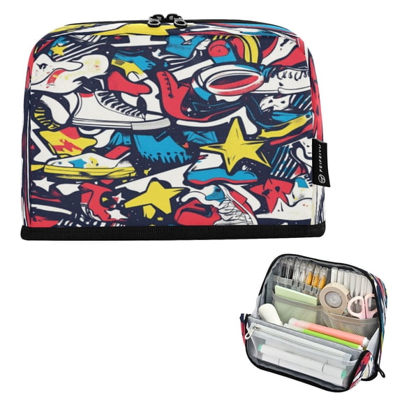8.3"x5.9" Large-Capacity Multi-Pocket Vertical Pencil Case Trendy Logo Patterns