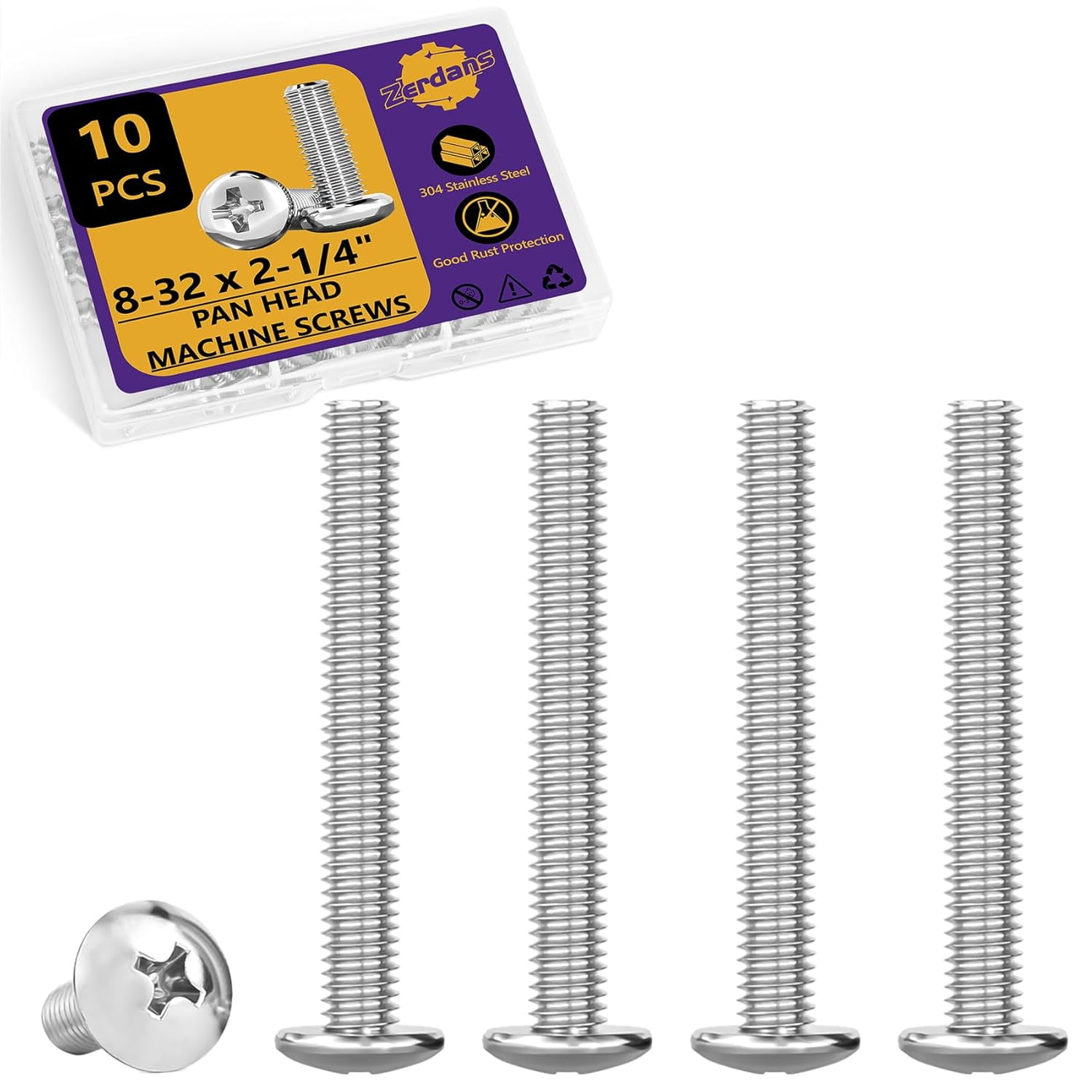 8-32 2-1/4 inch machine screws, 10 cross slot pan head electrical outlet machine screws 304 stainless steel, wall outlet switch plate, cabinet door and drawer installation