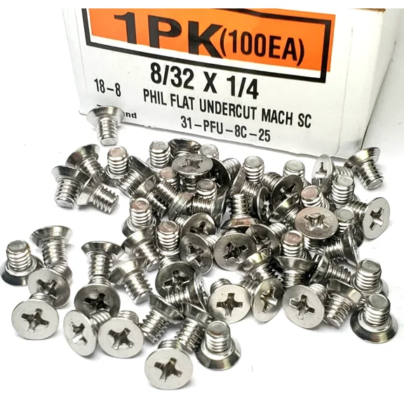 8-32 X 1/4 Phillips Flat Machine Screw Undercut Stainless Steel - 100 Pcs