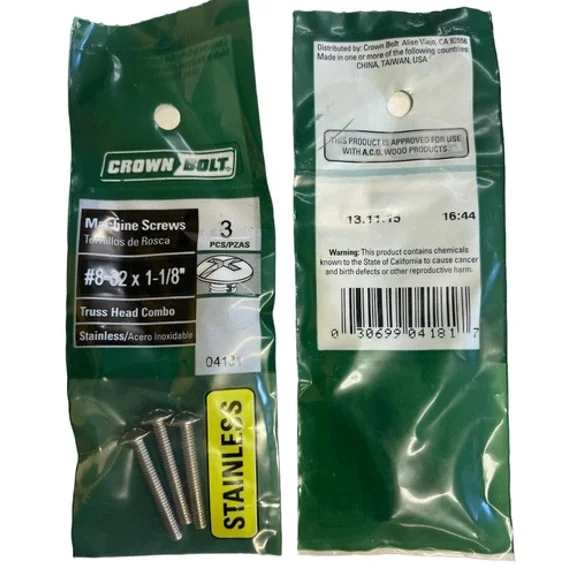 #8-32X1-1/8" Truss Head Combo Phillips Machine Screws Stainless (5 Pack)