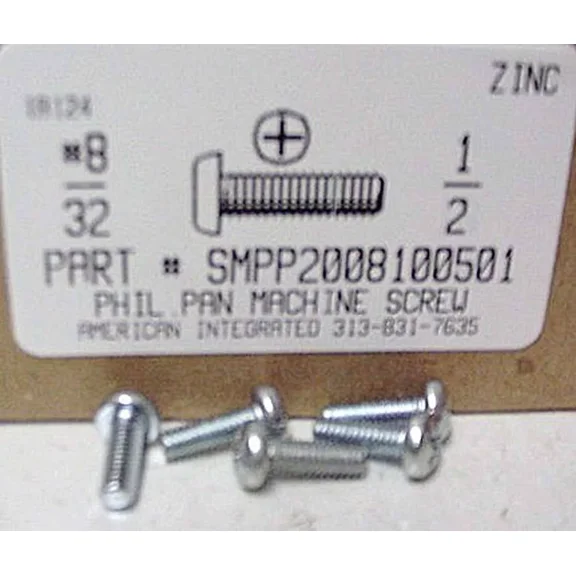 #8-32X1/2 Pan Head Phillips Machine Screws Steel Zinc Plated (100)