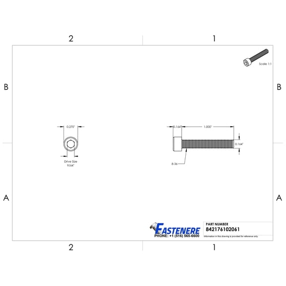 8-36 x 1 Socket Head Cap Screws, Full Thread, Allen Socket Drive, Stainless Steel 18-8, Bright Finish, Quantity 50 Pieces