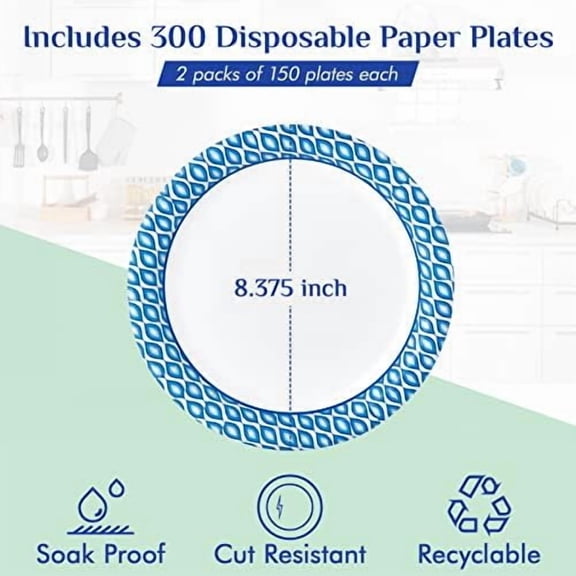 8.375 Inch Disposable Paper Plates, 300 Count Soak and Cut Proof Printed Paper Plates for Daily Use, Holiday for Family Gatherings, Parties, Picnic