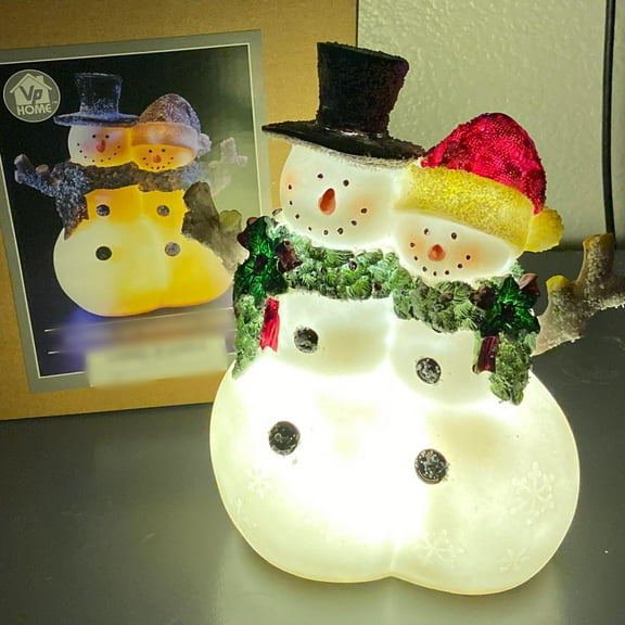 8.3In Christmas Snowman Couple Figurine with LED Lights, Glowing Resin Fiber Optic Snowman Decor, Indoor Xmas Decorations for Home Mantle Kitchen Office Porch Bathroom Lawn Yard Garden