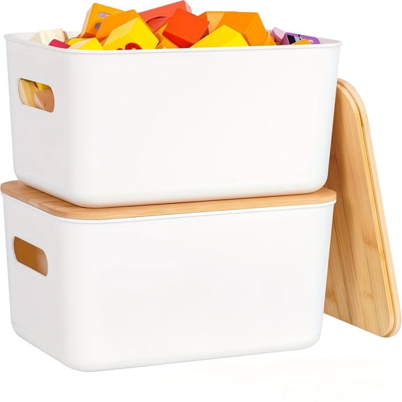 8/4/2/1pc Storage Bins with Wood Lids – Plastic Stackable Storage Containers with Handle – Medicine Cabinet, Bookshelf Organizer for Home, Office, Desktop, Classroom – White