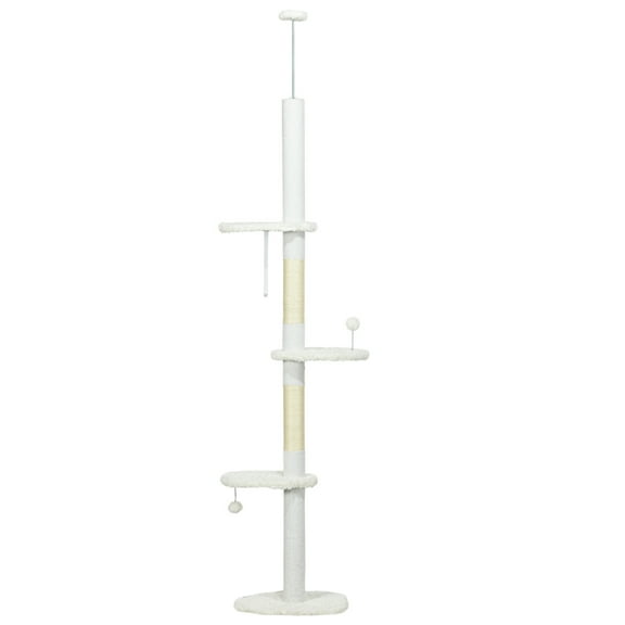 8.4' Adjustable Floor-to-Ceiling Cat Tree, White - Multi-Level Cat Tower with Cloud Perches, Scratching Posts, Toy Balls, Wall-Mountable, for Cats Under 10 lbs