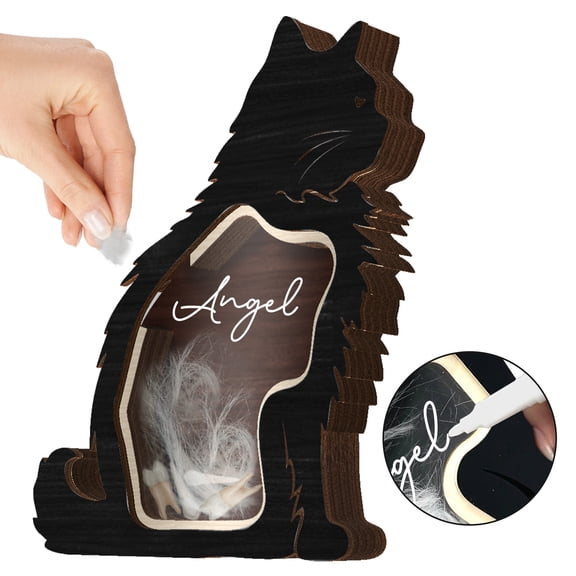 8.4" Cat Hair Keepsake Box, Wooden Pet Urns for Cats, DIY Pet Loss Sympathy Gifts, Unique Gift Cat Long Hair Shape Standable Table Decor, Idea Gift for Pet Lover Storing Fur Teeth Ashes