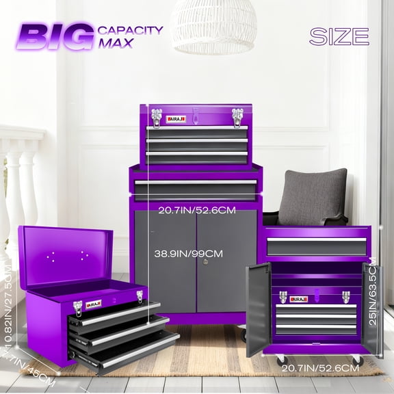 8/4 Drawer High Capacity Rolling Tool Chest, 2-In-1 Removable Cabinet Storage Tool Box with Wheels And Drawers, Detachable Toolbox with Lock for Workshop Mechanics Garage, Carshop