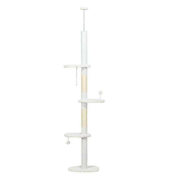 8.4' Floor to Ceiling Cat Tree, Adjustable Height, White - Tall Cat Tower with Scratching Posts, Cloud Perches, & Hanging Toys for Indoor Cats