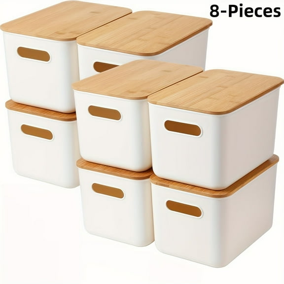 8/4-Piece Storage Bins with Wood Lids - Stackable Plastic Organizer Box with Handle, Multi-Purpose Storage for Home Office Bookshelf Playroom, White Storage Containers