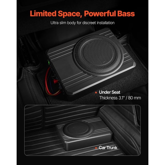 8"400W Underseat Car Subwoofer,Slim Powered Car Subwoofers Under the Seat,Low Profile Audio Sub Built-in Amplifier,High/Low Level Input&Volume Controller for SUVs,Car,Truck,RV