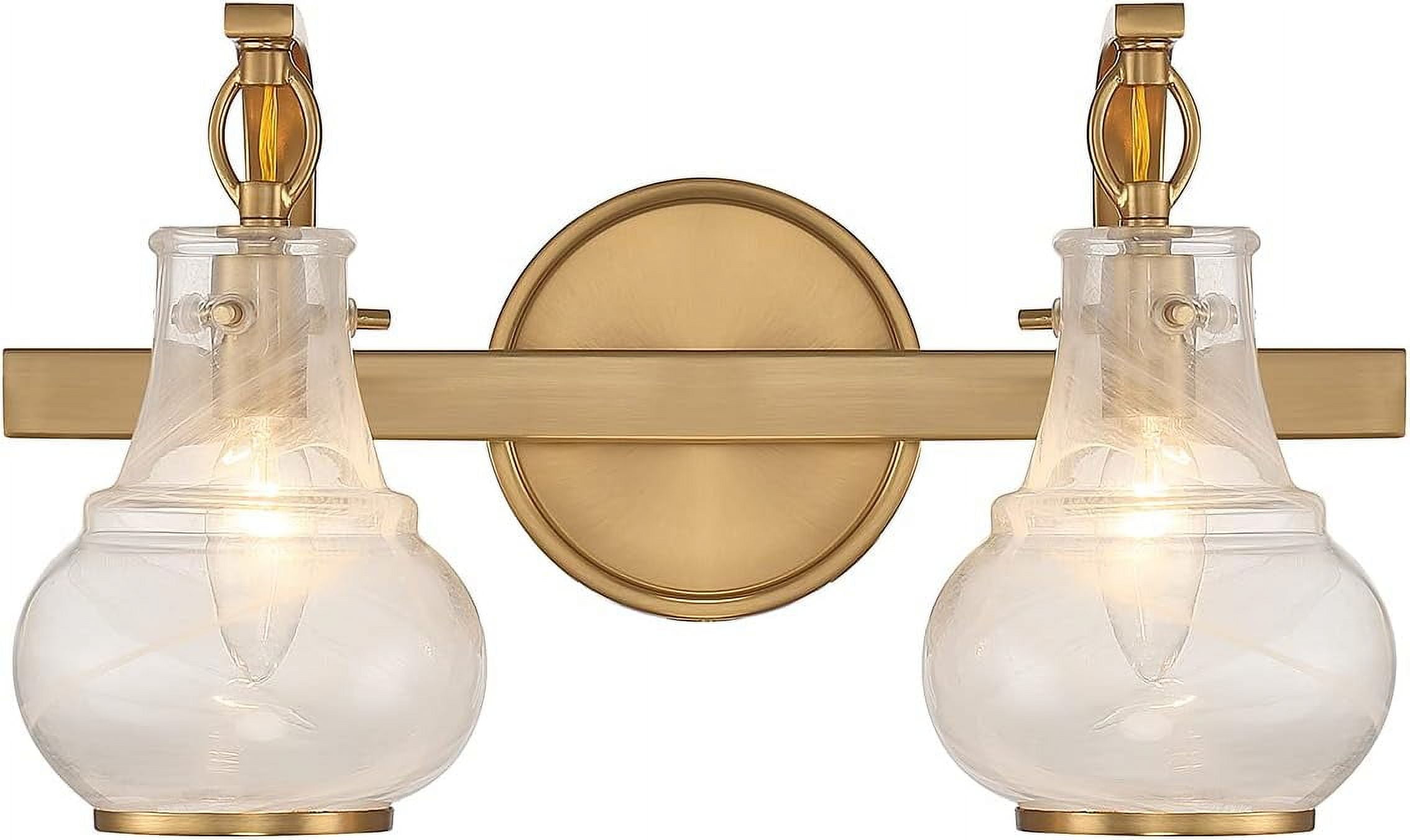 Warm Brass 2-Light Vanity with White Strie Glass Shades