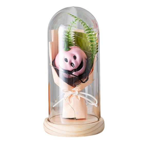 8.46×4.33 Inch Halloween Jack-o-Lantern Bouquet Glass Dome Light Wooden Base Spooky Table Decor Lamp