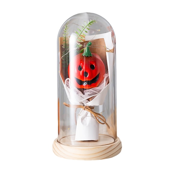 8.46×4.33 Inch Halloween Jack-o-Lantern Bouquet Glass Dome Light Wooden Base Spooky Table Decor Lamp