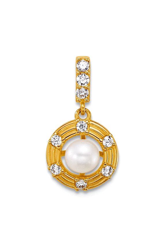 8.4mm 14k Solid Yellow Gold Polished and Grooved Freshwater Cultured Pearl And Cubic Zirconia Circle Pendant Necklace Pe