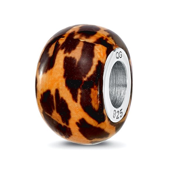 8.4mm 925 Sterling Silver Reflections Rhodium Plated Leopard Foil Enamel Overlay Bead Charm Pendant Necklace for Women
