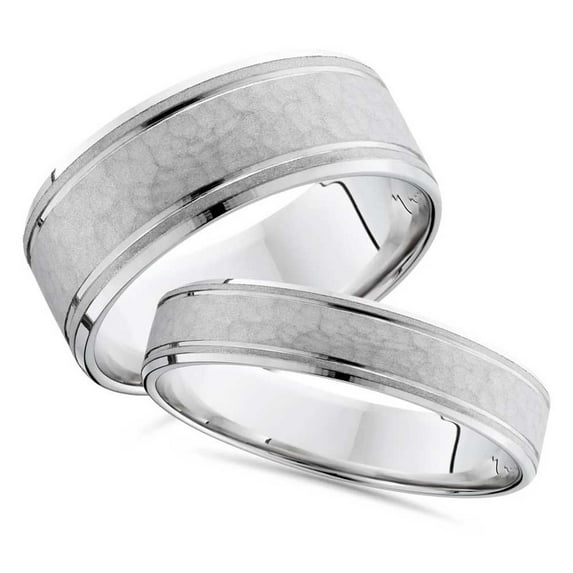 Pompeii3 8/4mm Hammered His Hers Wedding Band 14K White Ring Set