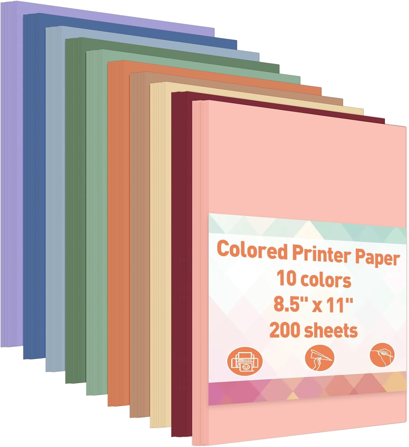 8.5" × 11" Bulk Colored Copy & Print Paper, 200 Sheets 10 Assorted Colors Printer Paper Computer Suitable for Origami, Crafts, DIY Projects, 80 GSM