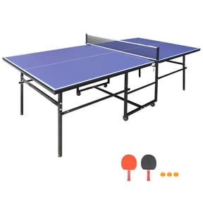 8.5*4. 3ft Blue Mid-Size Table Tennis Table Foldable & Portable Ping Pong Table Set for Indoor Games with Net, 2 Table Tennis Paddles and 3 Balls