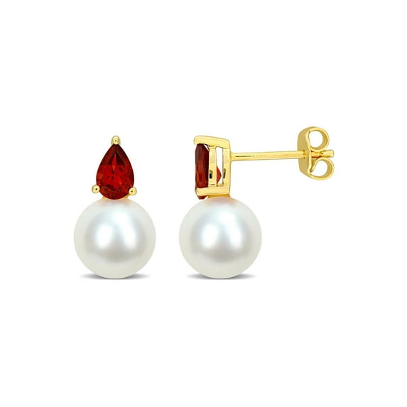 8.5-9mm Cultured Freshwater Pearl Earrings with Garnet Yellow Sterling Silver for Women