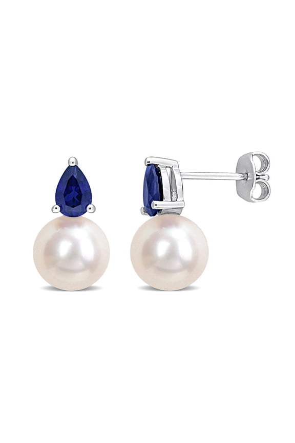 8.5-9mm Cultured Freshwater Pearl Earrings with Lab-Created Blue Sapphires Sterling Silver