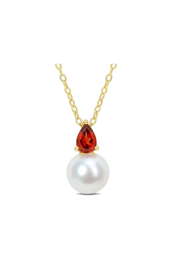 8.5-9mm Freshwater Cultured Drop Pearl Pendant Necklace with Garnet Yellow Sterling Silver with Chain for Women