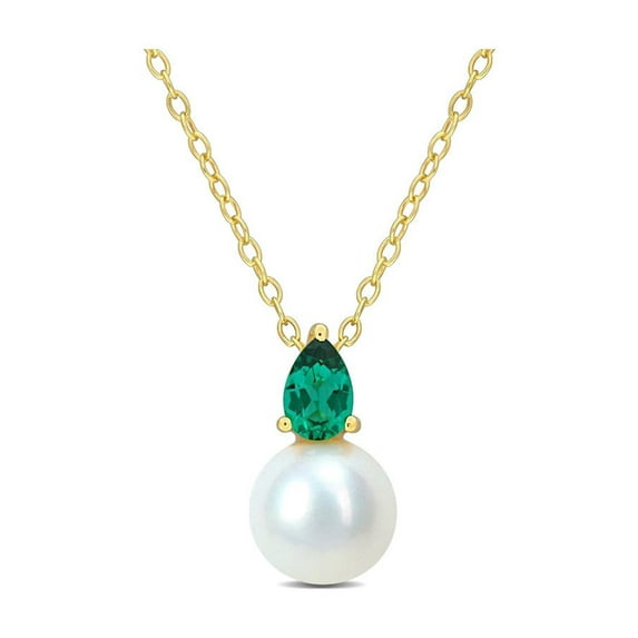 8.5-9mm Freshwater Cultured Drop Pearl Pendant Necklace with Lab-Created Emerald Yellow Sterling Silver with Chain for Women