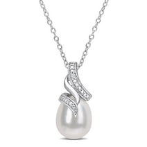 8.5 - 9mm White Freshwater Cultured Pearl and Diamond Accent Sterling Silver Pendant with Chain