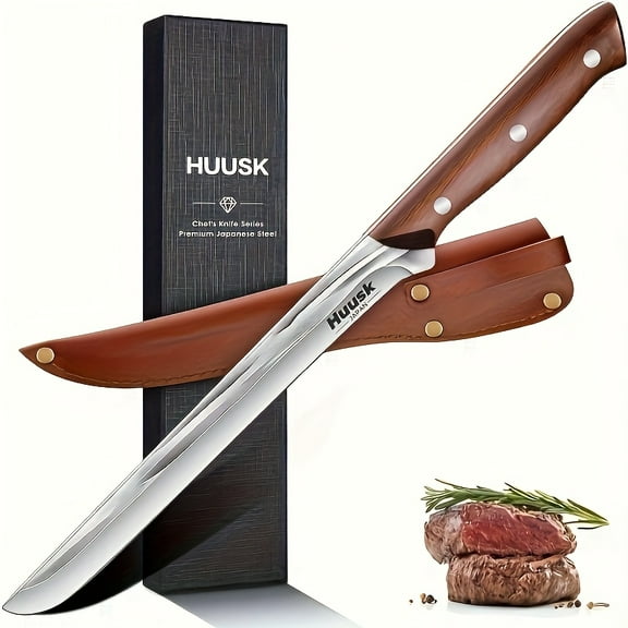 8.5" Brisket Trimming Knife - High Carbon Steel with Non-Stick Coating & Redwood Handle - Perfect for BBQ, Camping & Kitchen (Ideal Father's Day Gift)