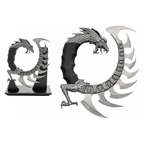 8.5" Dragon Spine Decorative Knife Set Circular Dragon Design with Blades, Zinc Alloy Handle, and Wooden Display Stand Collectible