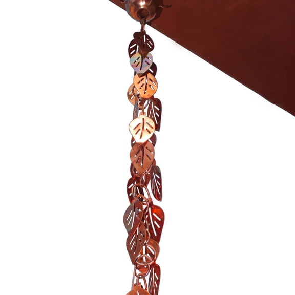 8.5 FT Handcrafted Pure Copper Leaf Rain Chain, Outdoor Eaves Drainage Decor, Ornate Alternative to Traditional Downspouts