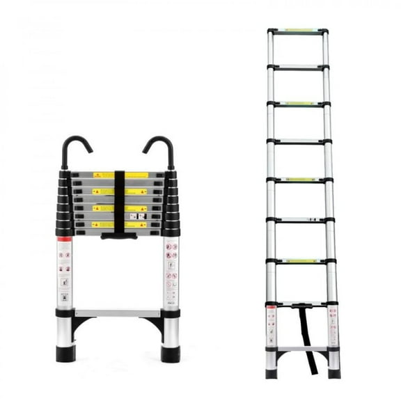 8.5 FT aluminum button telescopic ladder with 2 triangular stabilizers and hooks, multi-purpose ladder, maximum load-bearing capacity of 330 pounds, suitable for industrial and home