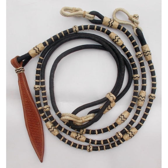 8.5 Ft Hand-Braided Black Rope Romal Reins 52" Romel with Natural Knots & Rawhide Leather, Handmade Horse Tack for Ranch & Western Riding