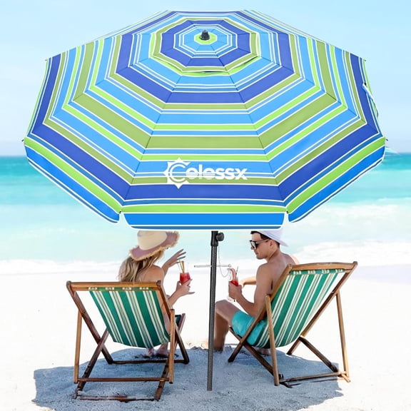 Windproof Beach Umbrella with Iron Pole Sand Anchor UPF 50+ UV Protection Tilt Mechanism Portable Sun Shade