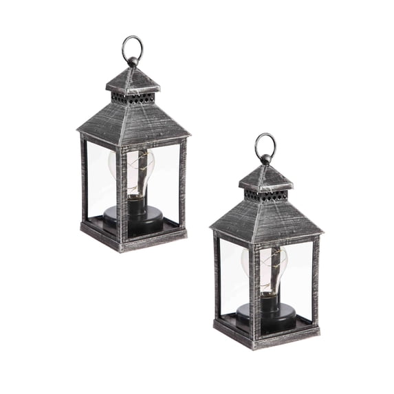 8.5"H Battery Operated Twinkling Light Bulb Lantern, Black With Brushed Gold, Set Of 2