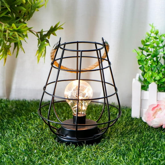 8.5" H Cage Bulb Lantern Decorative Table Lamp Battery Powered Cordless Light with Warm White Fairy Lights LED Edison Bulb Lamp for Living Room Bedroom Home Wedding(Black)