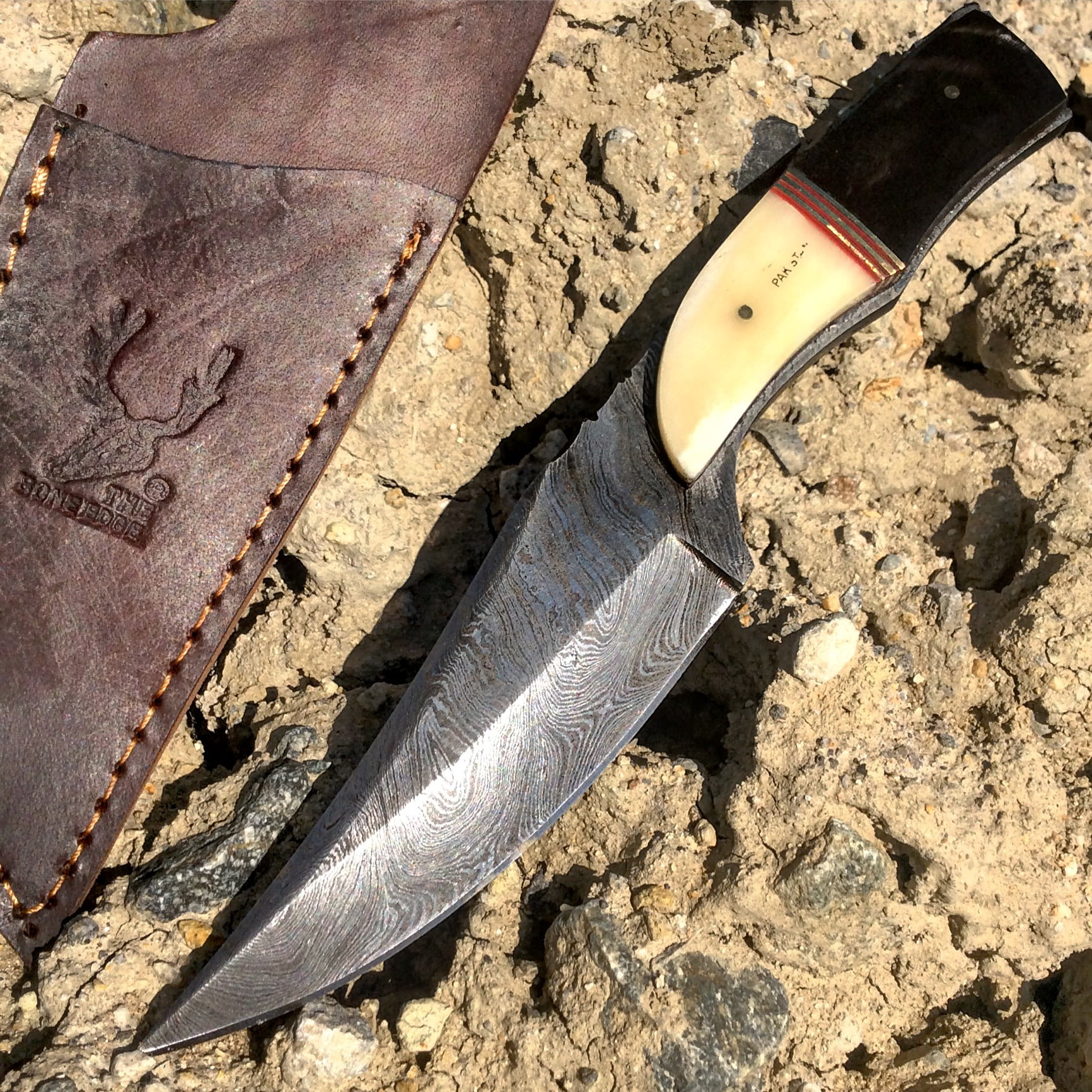 8.5' Hunting Knife Damascus Skinner Bone Handle Series Leather Sheath