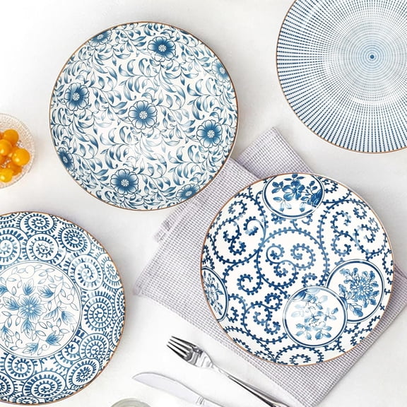 8.5 Inch & 11 Inches Ceramic Pasta Bowls Set, 4 Pieces 34 oz & 2 Pieces 10 oz Salad and Soup Bowls, Embossed Blue and White & Green, Microwave & Oven Safe, Ideal for Daily Dining, Family Gather